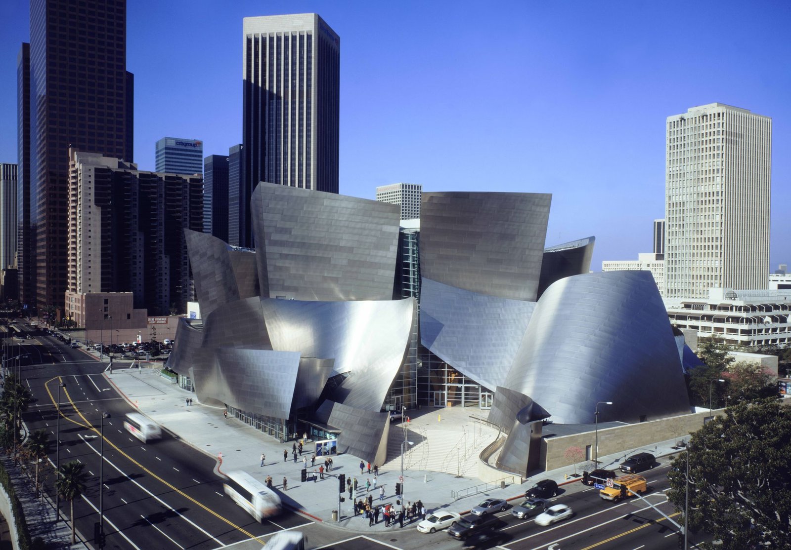 Aerial view of Walt Disney Concert Hall in downtown Los Angeles